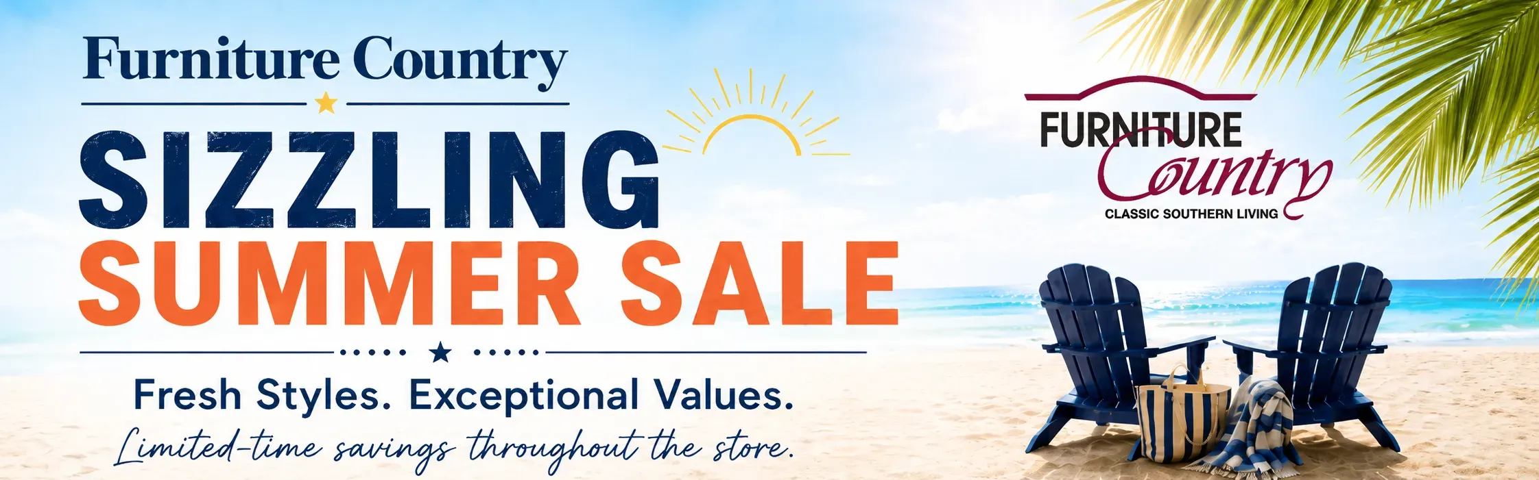 Furniture Sale Ad showing 2 Adirondack chairs on a beach